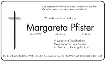 Traueranzeige von Margareta Pfister von Pegnitz-Zeitung